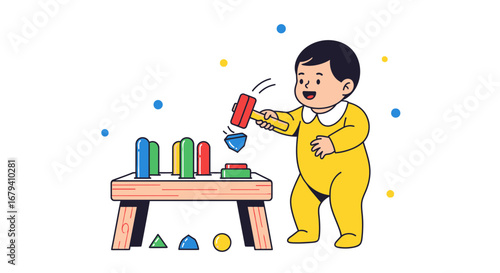 Playful Toddler in Bright Jumpsuit Enjoying Shape Sorter Toy on White Background