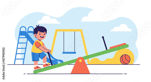 Playground scene with a child playing, featuring a seesaw, slide, and swing set