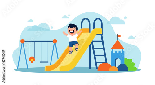 Playground Fun: A Joyful Boy Sliding Down the Bright Yellow Slide Illustration