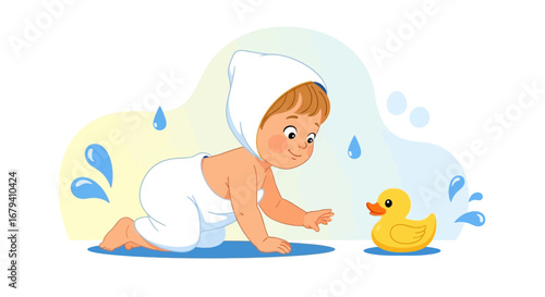 Playtime Fun: Adorable Infant Interacts Joyfully With Playful Rubber Bathing Duck