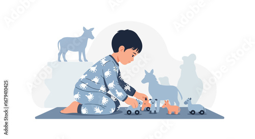 Playtime Fantasy: A Child Engaging In Imaginative Scenes With Animal Toy Figures