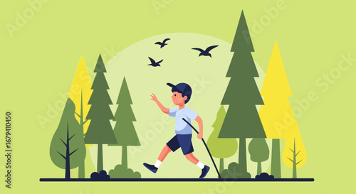 Outdoor Adventure: A Young Explorer Strolls Through a Verdant Forest with Birds Overhead