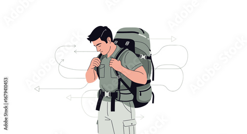 Prepared Adventurer Adjusting His Backpack, Ready To Embrace The Great Outdoors Journey