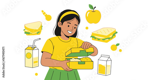 Preparing A Healthy Lunchbox With Sunshine Colors And Smiling Child In Delightful Scene