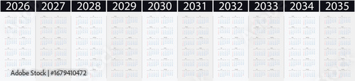 Yearly calendars showing months and days dates 2026, 2027, 2028, 2029, 2030, 2031, 2032, 2033, 2034, 2035