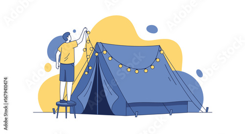 Preparing Camp: A Vibrant Illustration Shows Decorating a Tent with Festive Lights