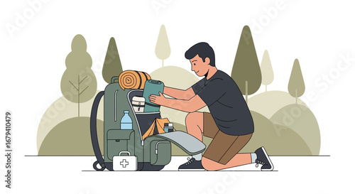 Preparing Camping Gear: A Person Packing Backpack For An Excursion Adventure Trip