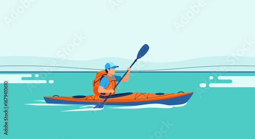 Paddleboarder kayaking on water with a life jacket in sea during sunny day