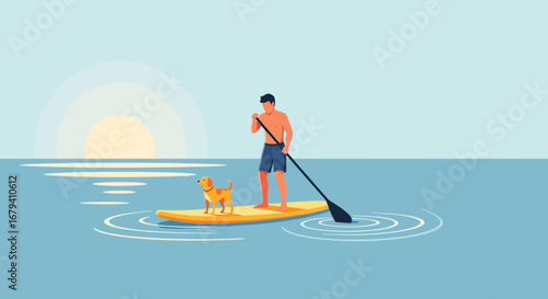 Paddleboarding Adventure With A Coastal Sunset View And Canine Companion Together