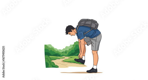 Preparing For The Journey: A Hiker Tying Their Shoe Before Hiking With The Trail