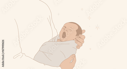Parent holding a newborn baby wrapped in a blanket, yawning, and outlined style illustration