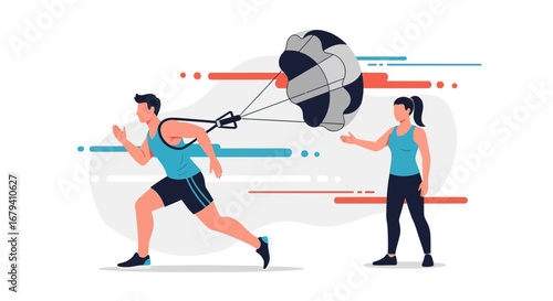 Parachute Resistance Training: Athletic Exercise Illustration With Coach Support Depicted