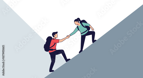 Providing Hand: Two Adventurers Collaborate To Surmount The Hill, Reaching The Summit