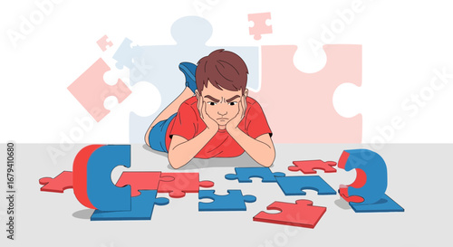 Puzzled Youngster Contemplating the Pieces of the Enigmatic and Complicated Jigsaw Puzzle