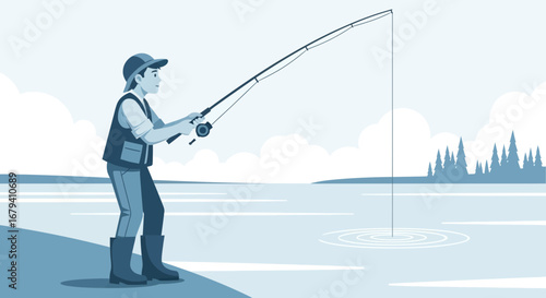 Peaceful Angler Enjoys Solitude By Riverbank Catching Fish With A Fishing Rod