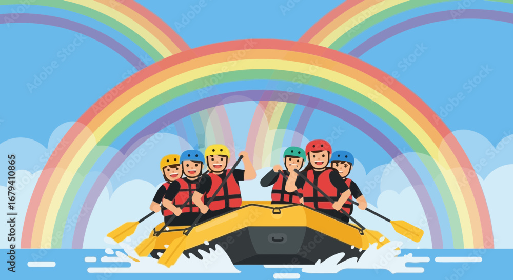 Naklejka premium Rafting Adventure Under The Rainbow, Teamwork, Outdoor Recreation, And Colorful Sky
