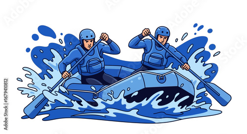 Rafting Adventure Illustration Depicting Two Individuals Navigating Choppy Water in a Raft