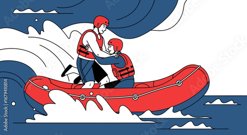 Rafting Adventure: Illustrated Depiction Of Whitewater Expedition With Two Persons Together