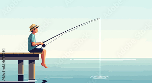 Peaceful Fishing Scene: A Silhouette of a Young Person Enjoying Lakeside Solitude