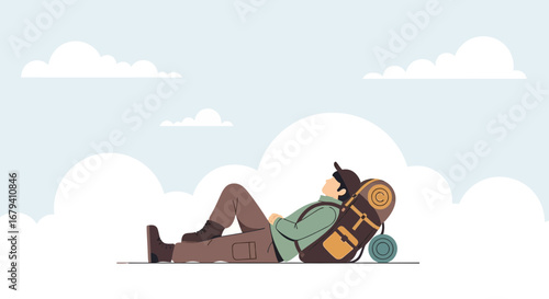 Peaceful Hiker Enjoying A Moment Of Solitude Under A Cloudy Sky After Trekking