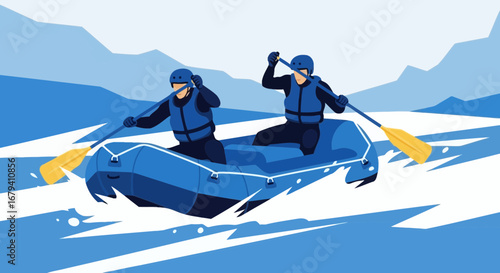 Rafting Adventure: Thrilling Whitewater Rapids Expedition with Paddlers and Majestic Landscape
