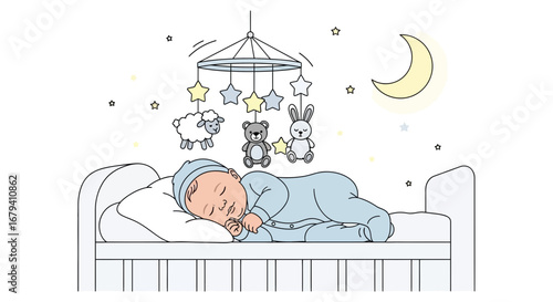 Peaceful Dreams: A Baby Asleep In Their Crib, Surrounded By Cute Toys In The Evening
