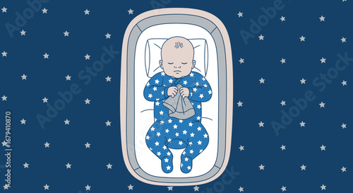 Peaceful Infant Asleep In Celestial Bedding Amongst Stars Depicting Serene Sleep