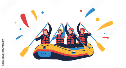 Rafting adventure with four people, teamwork activity and water sport illustration