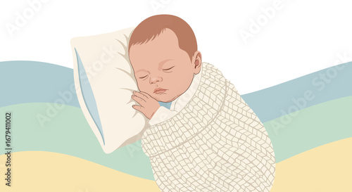 Peaceful Newborn Baby Asleep Comfortably Swaddled on Pillow Depicting Serene Slumber