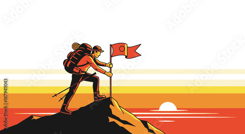 Reaching The Summit: An Adventurer Plants A Flag With A Sunset Backdrop