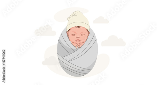 Peaceful Newborn Baby Wrapped in Swaddling Clothes and Comforting Sleep, Vector Illustration