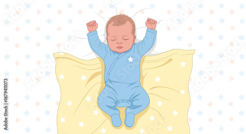 Peaceful Newborn Infant Asleep on Bedding, Surrounded by Star-Shaped Decorations