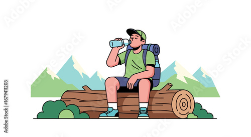 Refreshing Thirst Adventure: A Hiker Rehydrating During Mountain Traverse Rest