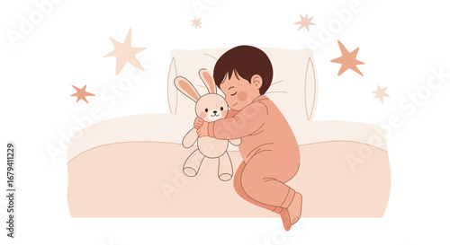 Peaceful Slumber Of A Baby Embracing A Plush Toy On A Cozy, Lightly Colored Bed