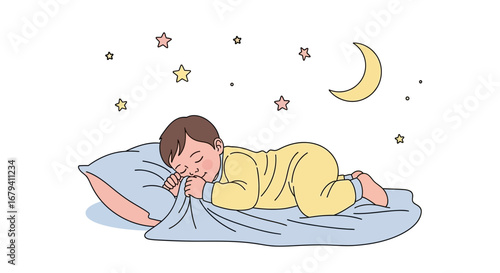 Peaceful Slumber: An Adorable Baby's Dream Under Starlit Sky and Moonlit Night
