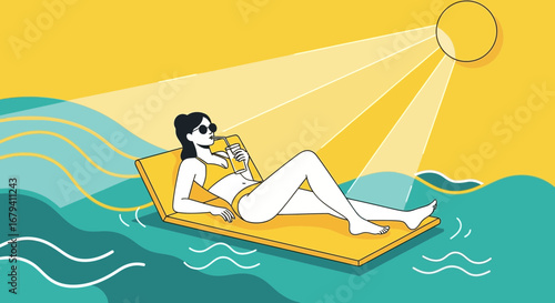 Relaxation By The Sun: Woman Floating, Drinking, And Enjoying Summertime Bliss