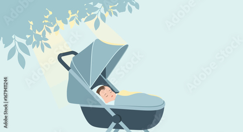 Peaceful Slumber: A Tranquil Illustration of a Baby Sleeping in a Stroller