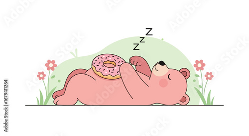 Relaxed Bear Napping Outdoors While Snuggling With a Sweet Dessert, Delightful Scene