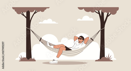 Relaxed Individual Enjoying Leisure Time In A Hammock Amongst Trees For Restful Moment