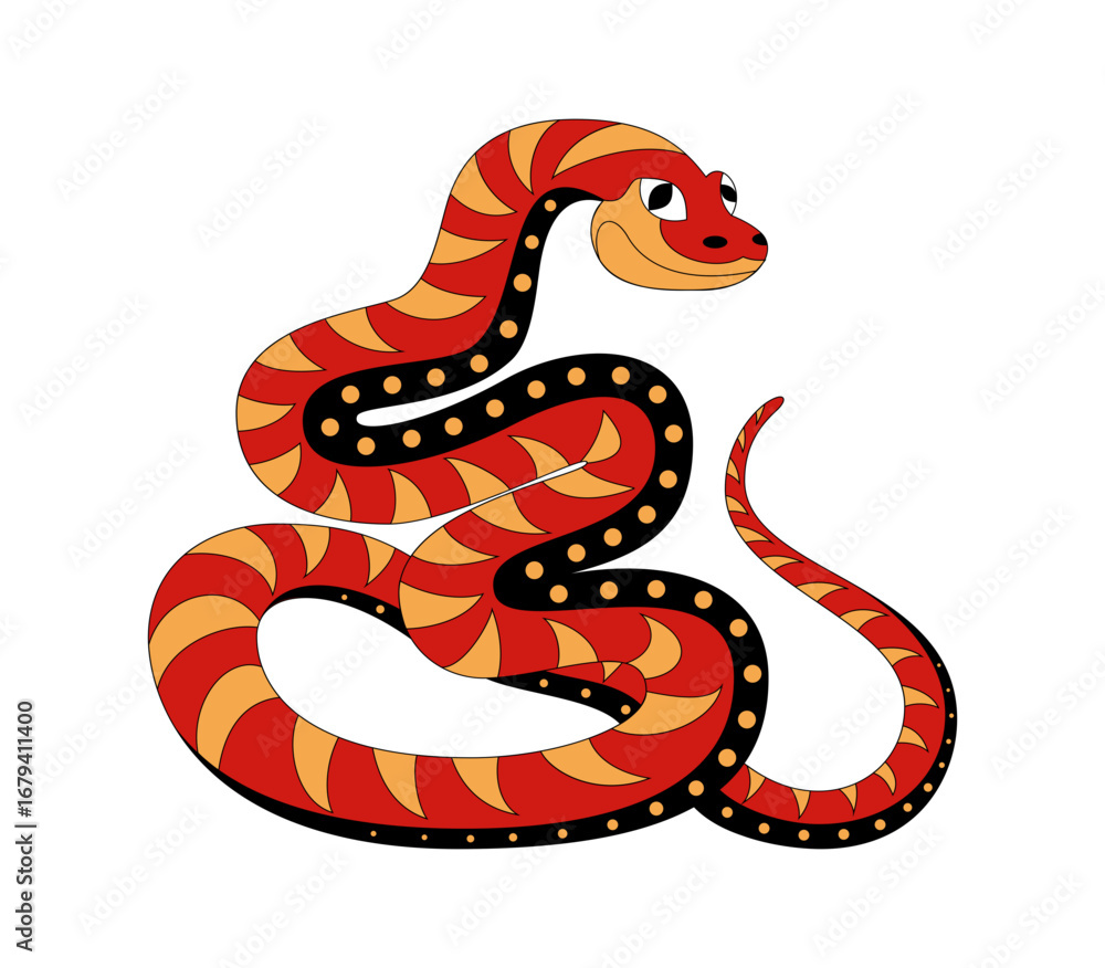 Naklejka premium Stylized coiled snake with red orange and black patterned scales and a friendly expression