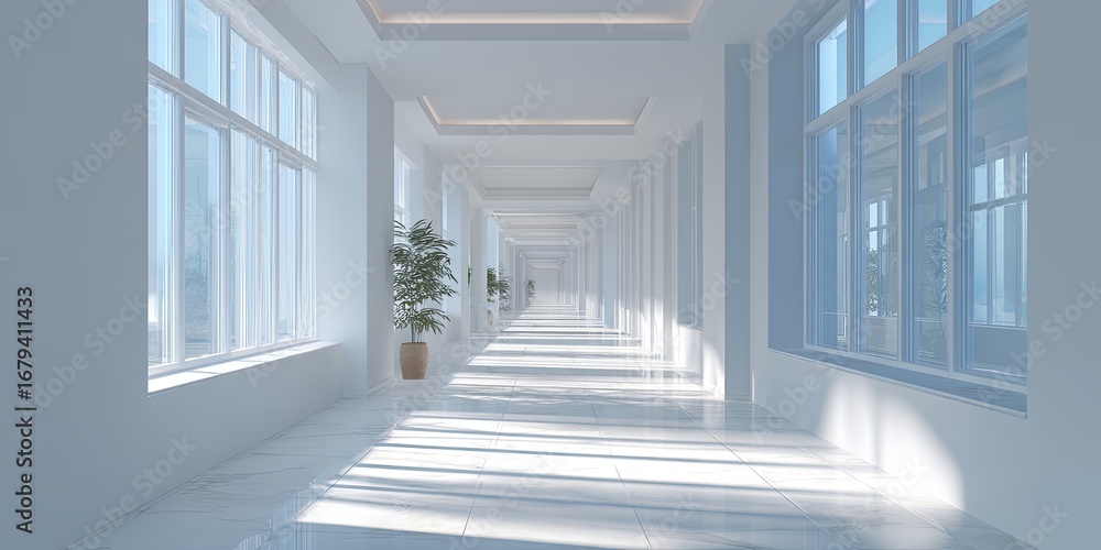 Fototapeta premium Bright and Airy Corridor in Modern Building with Large Windows Illuminating Clean White Walls