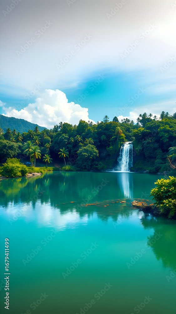 Fototapeta premium Waterfall scene with lush greenery and turquoise water body
