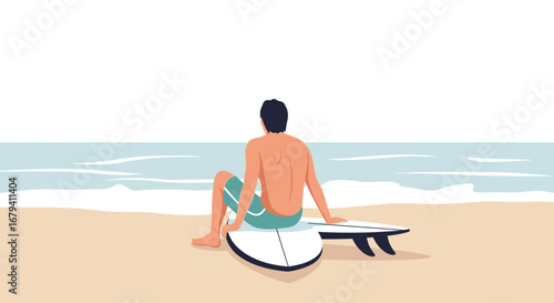 Relaxed Surfer Resting On Beach With Surfboard Watching The Ocean Waves Calmly