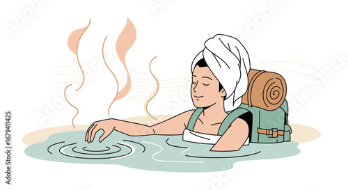 Relaxed Traveler Enjoying Bath In Natural Hot Spring with Backpack and Towel