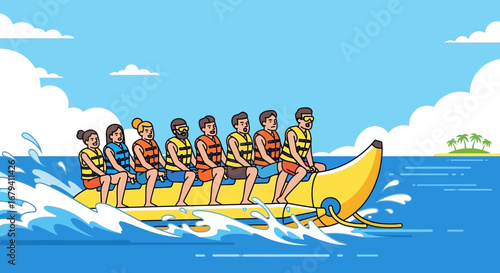People enjoying a fun and exciting banana boat ride on the ocean during a sunny day