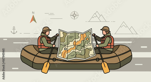 People in a Raft Exploring a Map with Oars in a Vector Illustration Design