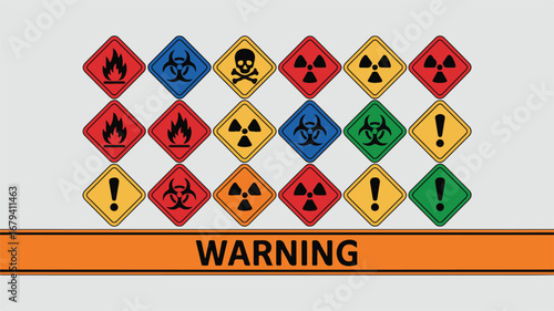 Assortment of Warning and Hazard Symbols on a Light Gray Background with Orange Banner danger