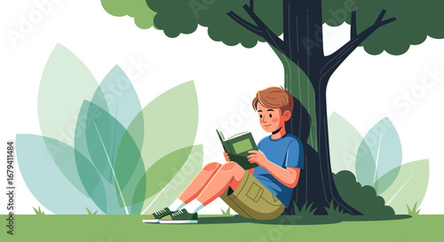 Relaxed Young Reader Enjoying Book Under Shade On A Sunny Afternoon No Comma