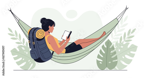 Relaxed Woman Reading Book While Resting In Hammock Surrounded By Plants