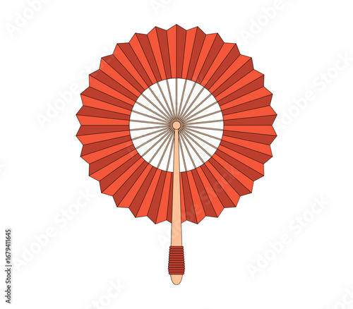 Traditional folding fan with coral colored panels and a wrapped handle presented against a white backdrop